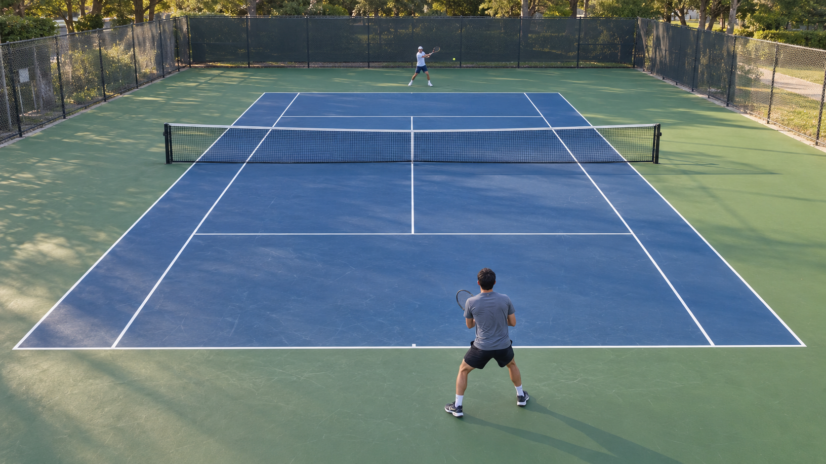Two players rally on a blue tennis court, seen from high behind the baseline with the whole court in view.